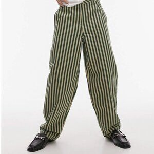 Topshop Green Stripe High Waist Wide Leg Cotton Pants